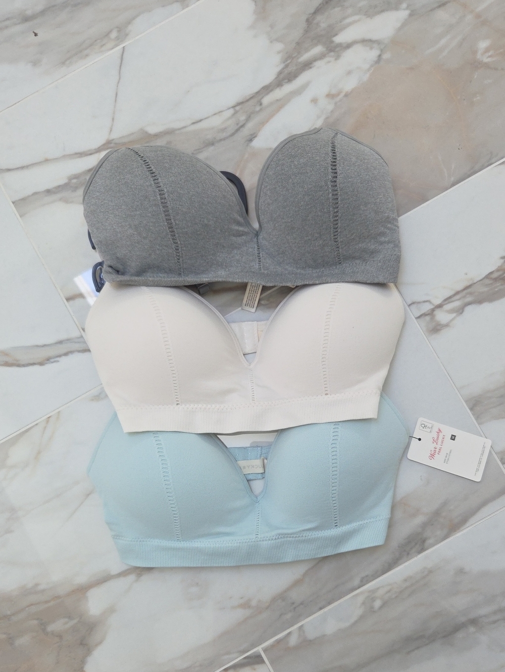 Lucky Brand Gray, White, Light Blue Seamless Bralette Trio